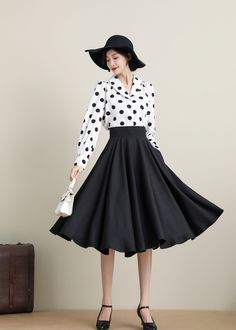 "Classic black skirt，Never go out of style，Lean and versatile. simple and elegant style suits wearing every occasion, working, shopping, weekend..soft and breathable fabric will let you act freely. Wear them with your favorite tops, such as short sleeves, suspenders, coats, and shirts...etc DETAILS: * The petticoat is separate * petticoat link： https://etsy.me/3JXFcE6 * 50% cotton, others are polyetser * no liner * Two side pockets * back zipper closure * High waistband * Black Circle skirt * Re Black Full Mini Skirt For Fall, Black Gathered Mini Skirt, Retro Black Flared Skirt, Black Lined Flared Skirt, Black Flared Mini Skirt For Spring, Retro Black Skirt For Spring, Retro Black Lined Skirt, Black Flared Skirt For Workwear, Black Flared Skirt For Work