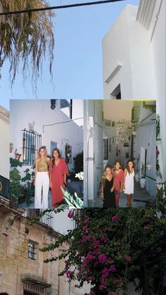 several pictures of women in red shirts and white pants on the side of a building