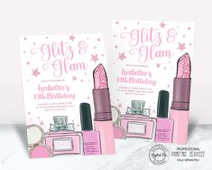 two pink lipstick themed birthday party cards