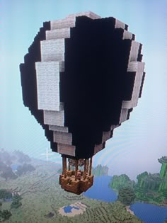 an image of a hot air balloon flying in the sky with people on it's back