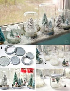 snow covered mason jars with christmas trees in them and other decorations on the window sill