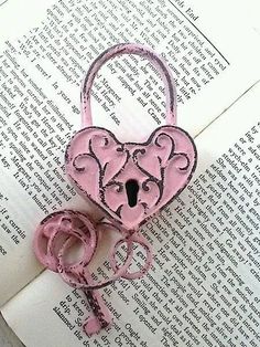 a pink heart shaped lock on top of an open book