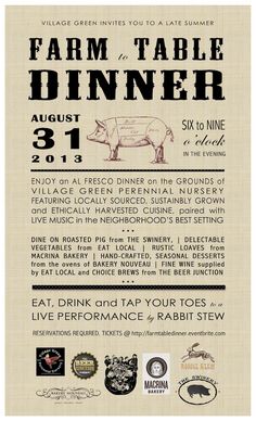 the farm table dinner flyer is shown in black and white, with an image of a pig