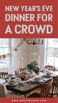 This image shows a cozy **New Year’s Eve dinner for a crowd**, with a beautifully set table featuring elegant dishware, candles, and festive garlands. Perfect inspiration for **New Year’s Eve dinner party ideas** or hosting a small yet refined gathering.