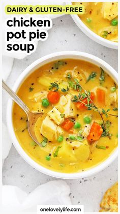 two bowls of chicken pot pie soup with a spoon in one bowl and the text dairy & gluten - free