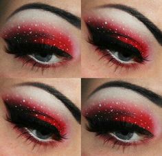 Red and Black Eyeshadow Emo Christmas Makeup, Alt Christmas Makeup, Red And White Makeup Looks, Strawberry Eye Makeup, Christmas Eye Looks, Goth Christmas Makeup, Strawberry Makeup Look, Strawberry Makeup, Christmas Eyeshadow