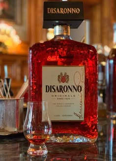 a bottle of disarronno on top of a table