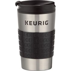 the keurig travel mug is shown in black and silver, with an insulated lid