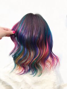 Rainbow Hair For Brunettes, Rainbow Balayage Hair, Rainbow Hair Underneath Brown, Black Hair With Rainbow Peekaboo, Rainbow Peekaboo Hair Dark Brown, Dark Rainbow Hair, Rainbow Highlights Hair Brown, Brunette With Rainbow Highlights, Dark Brown Hair With Rainbow Highlights