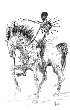 a skeleton riding on the back of a horse