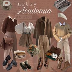 Magic Academy Aesthetic Outfit, Classic Outfits Ideas, Art Academia Aesthetic Fashion, Art History Major Aesthetic Outfits, Artsy Core Outfits, Artsy Academia Aesthetic, Science Academia Aesthetic Outfit, Artsy Academia Outfits, Art Academia Fashion