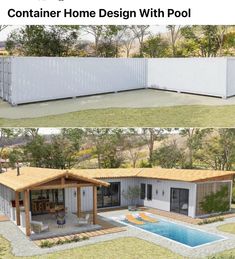 two pictures of a small house with a pool