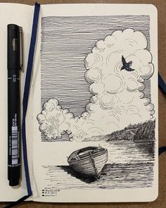 a drawing of a boat in the water with a bird flying over it and clouds above