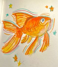 a drawing of a goldfish with stars on it's back and watercolors