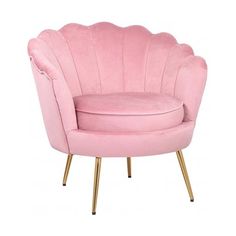 a pink chair with gold legs and a round cushion on the back, sitting in front of a white background