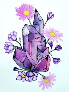 a drawing of flowers and crystals on a white background