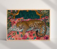 a painting of a leopard laying on top of a pink bed covered in flowers and leaves