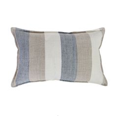 a gray and white striped pillow on a white background