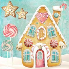 a painting of a gingerbread house surrounded by candy canes