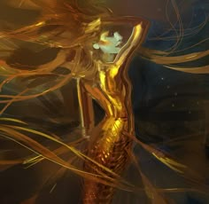 a digital painting of a woman with long hair and gold dress, standing in the water