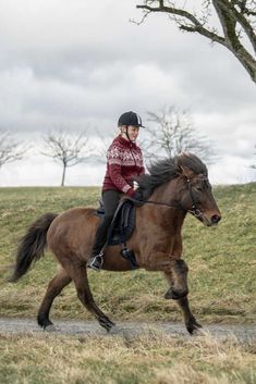 a woman riding on the back of a brown horse in a grassy field next to a tree