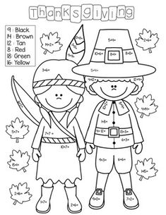 thanksgiving coloring pages with two kids dressed in pilgrim hats and holding hands, one is wearing a