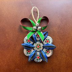 a christmas ornament hanging on a table