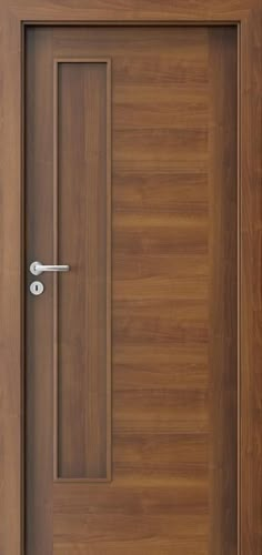 a wooden door with a handle on the front and side panels, in an empty room