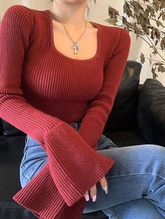 Style: Casual/Street/Vintage/Sweet/SexyFabric Content: CottonFit Type: Slim FitNeckline: Square NeckSleeve Length: Long Sleeve Tomboy Dress, 2000s Outfits, Trumpet Sleeve, Sweater White, Red One, Tops Online, Womens Size Chart, Sweater Black, Fashion Aesthetic