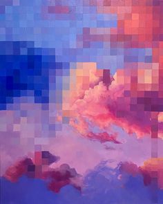 24"x36" Acrylic painting on canvas. In the center is a purple, pink and yellow cumulous cloud. It curls into the top right corner with hot oranges and purples. There is a dark blue completely pixelated cloud next to it on the right. In the foreground are layers of clouds in purples. The image get pixelated as you move down the image but not evenly. Pixel Art Acrylic, Clouds Abstract, Pixel Painting Art, Gradient Painting Ideas, Sunset Vibes, Heavy Body Acrylic Painting, Clouds Art