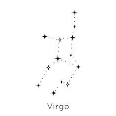 the zodiac sign virgo is drawn in black ink on a white background with stars