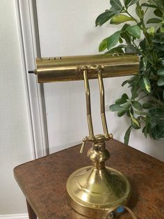 an antique brass desk lamp on top of a wooden table next to a potted plant