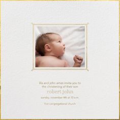 a baby's birth announcement is shown in gold and white, with an image of a