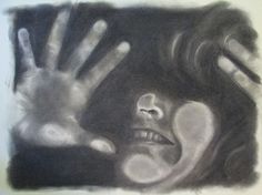 a drawing of a woman's face and hands