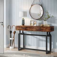 a wooden table sitting in front of a white door