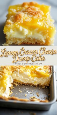 lemon cream cheese dump cake in a pan with the words lemon cream cheese dump cake