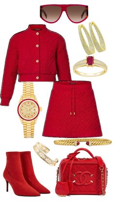 a red outfit and accessories are arranged in the shape of a woman's wardrobe