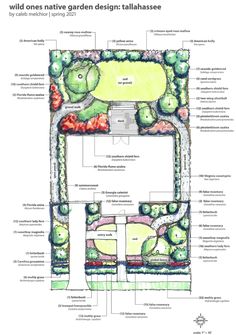 a garden design plan with various landscaping areas and trees in the center, including an area for