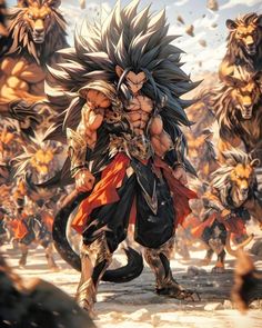 an image of a man with big hair and demon like eyes standing in front of other men