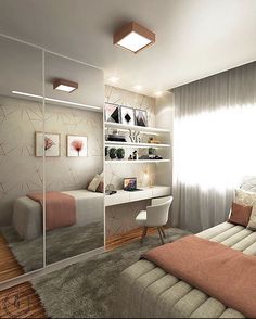 a bedroom with a bed, desk and mirror on the wall next to a window