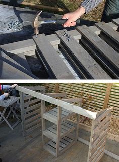 two pictures side by side one shows a bench being built and the other shows how to build a bench out of pallets