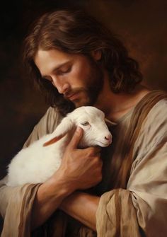 a painting of jesus holding a lamb in his arms