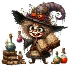 a cute little witch holding an open book