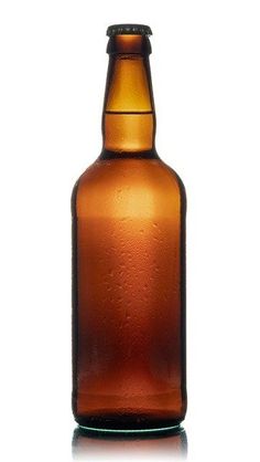 a brown glass bottle with water droplets on it's top and bottom, sitting in front of a white background