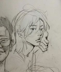 a drawing of two people with glasses and one is holding a cell phone to his ear