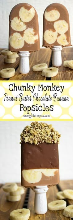 there is a chocolate banana popsicle cake with bananas on top and the words chunky monkey peanut butter chocolate banana popsicles