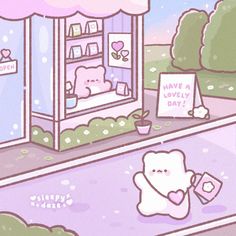 an illustration of a store front with pink and green decorations on the outside, including a white bear holding a sign that says save lovely day