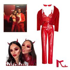 two women dressed in red and wearing devil makeup