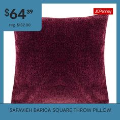 a red square pillow with the price $ 64 99 on it and an image of a purple