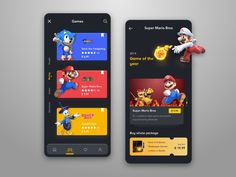 two mobile screens showing different games on the same screen, one with an image of mario and luigi